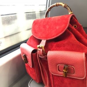 Gucci Red Suede & Leather Bamboo Turnlock Backpack